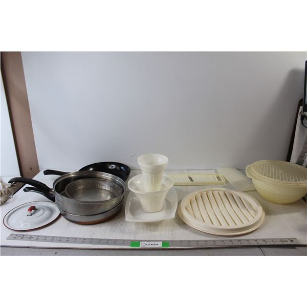 (3) Frying Pans, Colander, Metal Steamer Insert, Assorted Kitchen Items