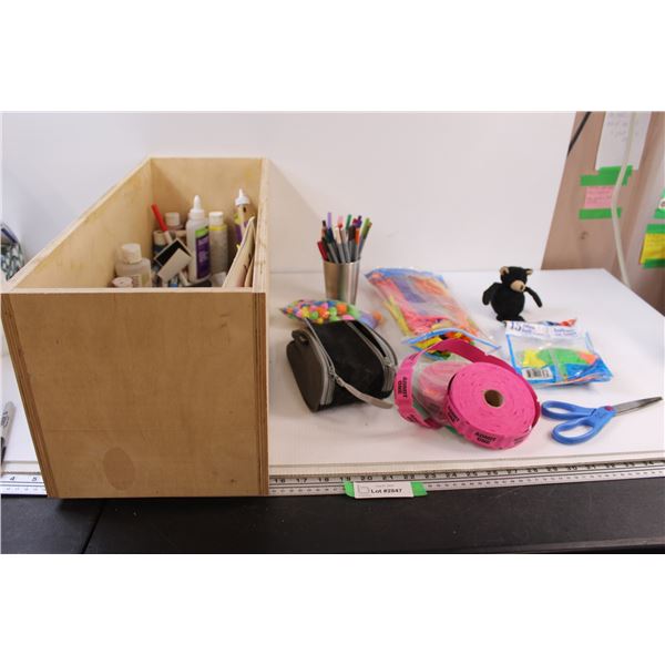 Wooden Box of Art Supplies - Paint, Pipecleaners, Pompoms, Etc.