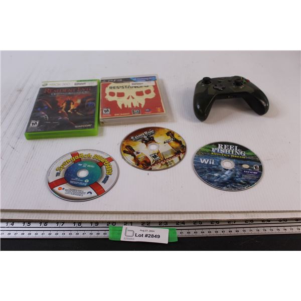 (2) Game Cases - EMPTY, (3) Assorted Video Games, Xbox Controller - Untested