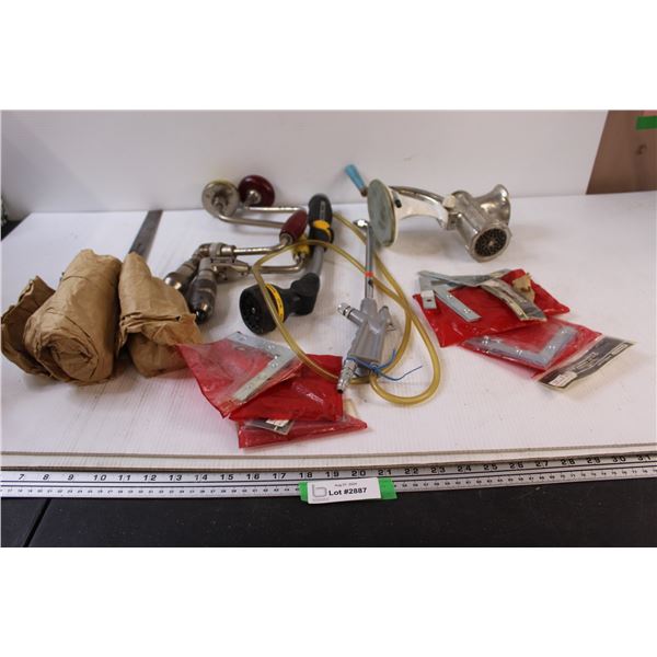 (2) Carpenters Braces, Meat Grinder, Misc.