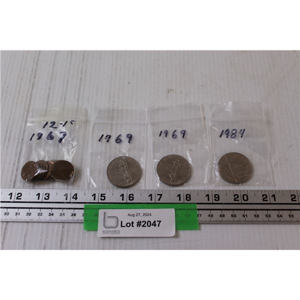 Canadian Dollar Coins: (2) 1967 & (1) 1984, 1967 Pennies Lot