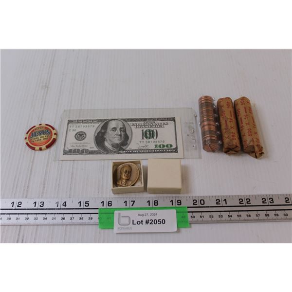 (3) Penny Coin Rolls, Faux United States 100 Dollar Bill, Roosevelt 3D Token Coin, Jesus Token