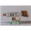 Image 1 : (3) Penny Coin Rolls, Faux United States 100 Dollar Bill, Roosevelt 3D Token Coin, Jesus Token