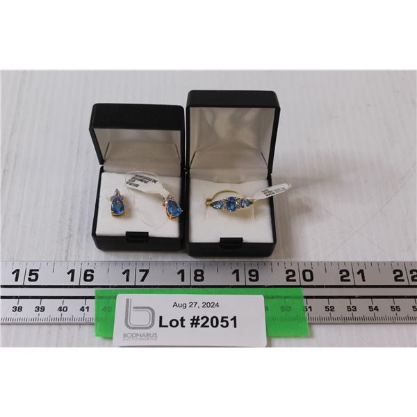 Pear-Shaped Glass Blue Topaz Gold Plated Earrings & Ring Set (Size 8)