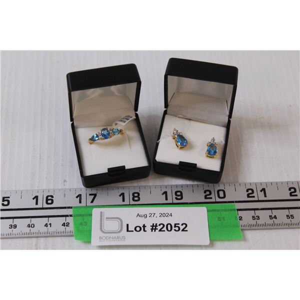 Pear-Shaped Glass Blue Topaz Gold Plated Earrings & Ring Set (Size 7)