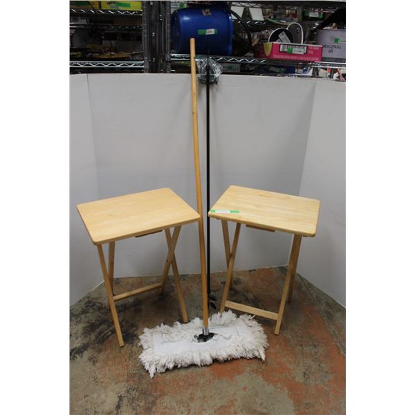 * (2) Wooden TV Stand Trays, Curtain Rod & Floor Duster
