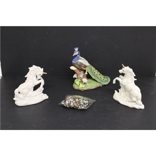 Ceramic Peacock, (2) Unicorn Decorations and Decorative Cloth