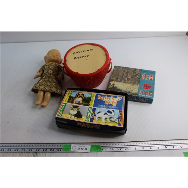 Knitting Basket, Doll and (2) Jigsaw Puzzles