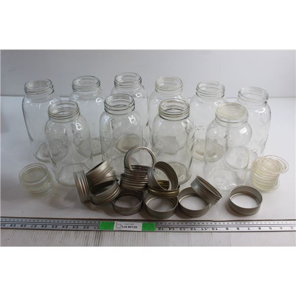 *(10) Assorted Glass Sealer Jars and Wooden Crate