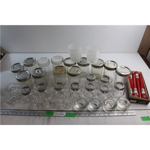 (13) Glass Sealer Jars, (9) Spice Jars, (9) Candle Holders, (2) Cups and Candle Set