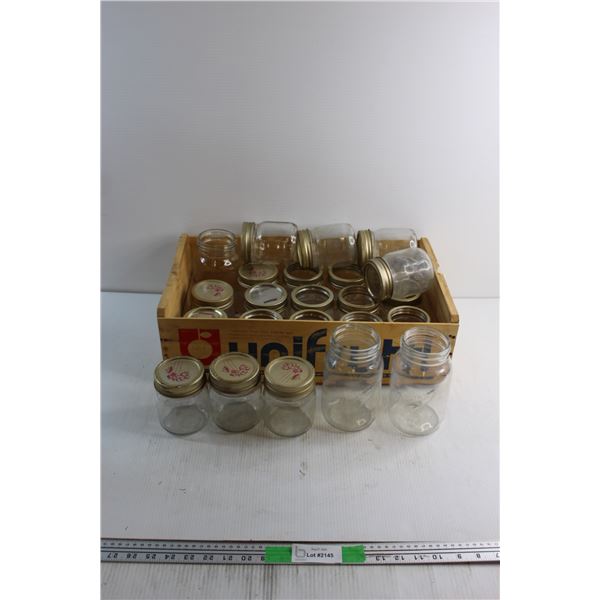 (24) Assorted Glass Jars and Wooden Crate