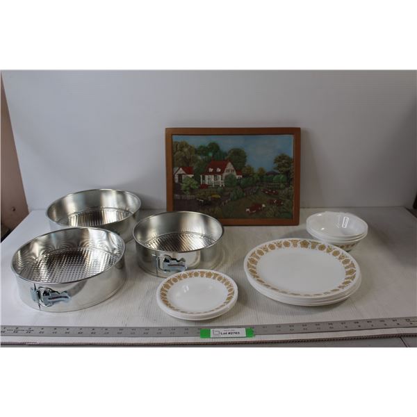 (3) Cake Pans, Farm 3D Touch Art Framed by Betty Friesen - 15 1/2" x 11 1/2", (6) Plates, (4) Small 
