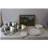 Image 1 : (3) Cake Pans, Farm 3D Touch Art Framed by Betty Friesen - 15 1/2" x 11 1/2", (6) Plates, (4) Small 