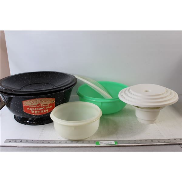 Beacon Rise and Shine Kneading Pan, 3 Tier Cupcake Server, (2) Tupperware Big Bowls - One Has No Lid