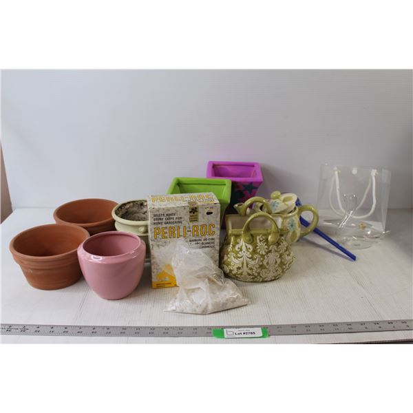 Porcelain Purse, Porcelain Teapot, Watering Globe, Glass Duck, (2) Square Planters, (4) Circular Pla