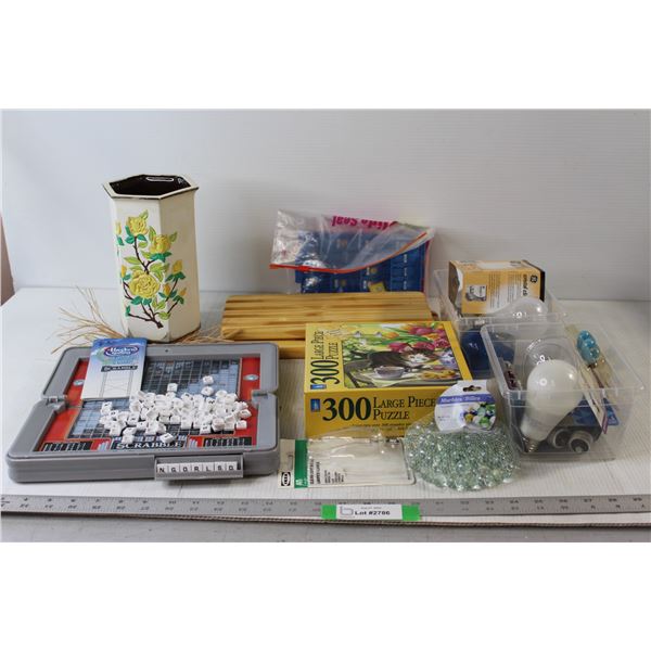 Hasbro Scrabble Board Game - As Is, Guess Who Board Game Stands - As Is, Floral vase, (2) Wooden gam