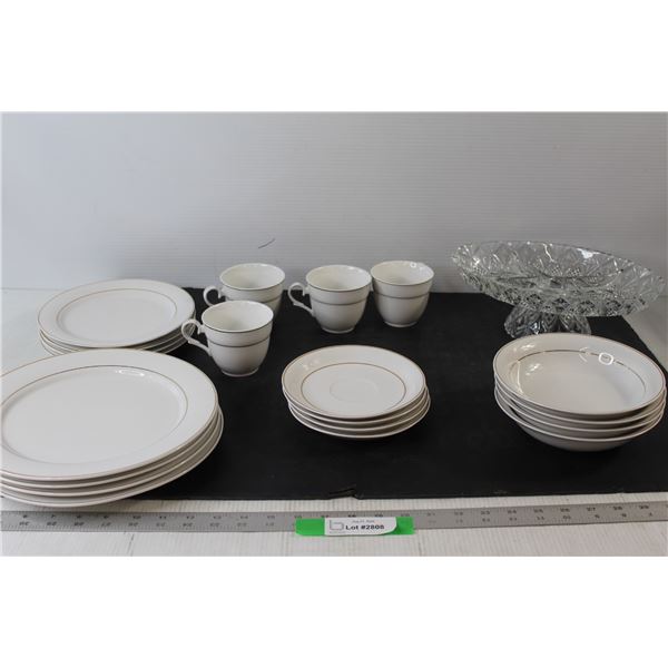 Regent Fine China - (8) Plates, (4) Cups, (4) Small Plates, (4) Small Soup Bowls, Crystal Cut Glass 
