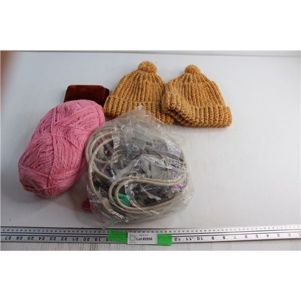 Wool Yarn, (2) Handmade Toques, Watch Case and Assorted Cords