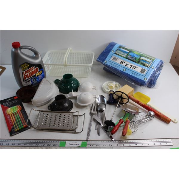 Liquid Plumber Pro, Tarpaulin 10' x 8', Plastic Basket and Assorted Kitchenware