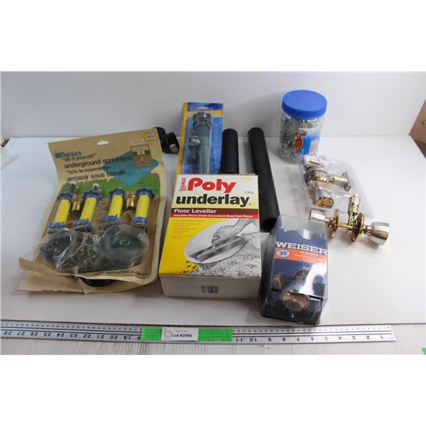 Floor Leveller, Dycke's Underground Sprinklers, Weiser Door Knob and Assorted Items