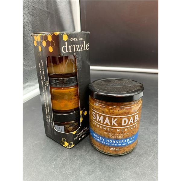 Drizzle Taster Trio Honey (3 x 80g) and Smak Dab Gourmet Mustard, Honey Horseradish (250ml)