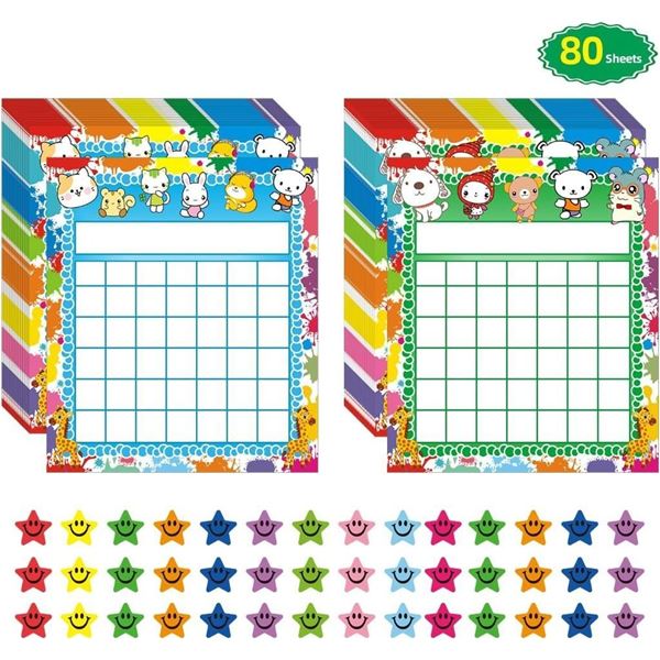 80 Pack Classroom Incentive Chart for 2 Designs with 2400 Pieces Colorful Star Stickers for Kids Stu