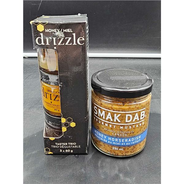 Drizzle Taster Trio Honey (3 x 80g)and Smak Dab Gourmet Mustard Honey Horseradish (250ml)