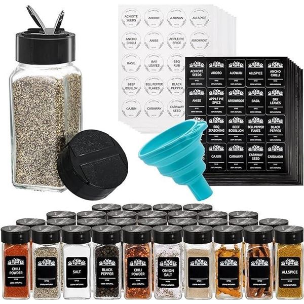 Tebery 30 Pack Glass Spice Jars Square Glass Bottles with Black Caps, 4oz Empty Spice Containers Sha