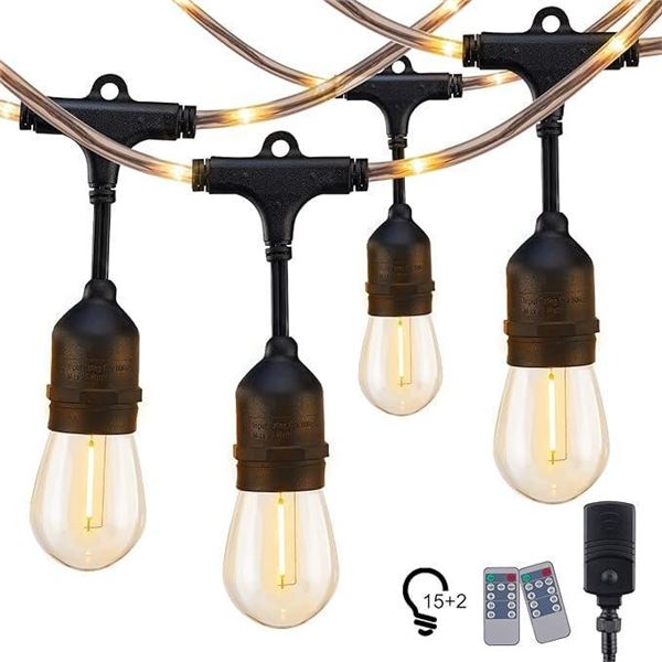 S14 Outdoor String Lights - 48FT 15 LED Outdoor Lights with Remote, Rope Covered, Patio Lights with 