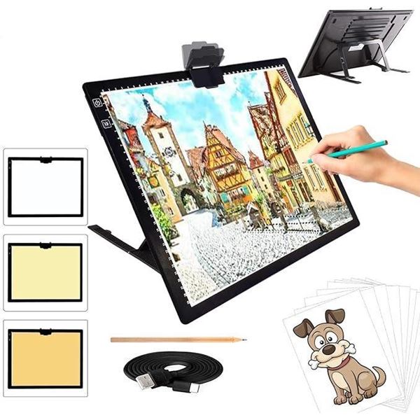 A3 Light Pad, TOHETO Wireless Battery Powered Light Box 3 Colors Stepless Dimmable and 6 Levels of B