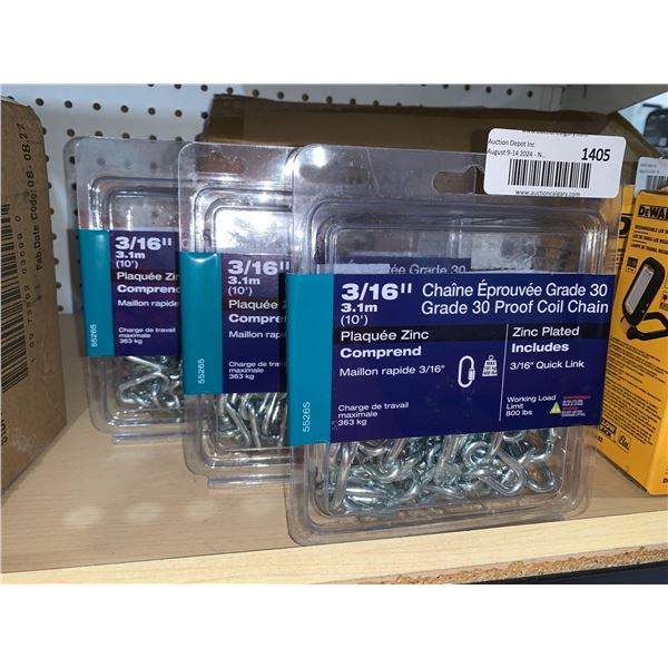 3/16" (10') Grade 30 Proof Coil Chain Zinc Plated x's 3