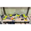 Image 1 : SHELF OF ASSORTED CORDLESS TOOLS INCLUDING; RYOBI ONE+ DRILL, DEWALT DRILL, RIDGID RECIPROCATING