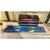 Image 1 : SHELF OF ASSORTED TOOLS INCLUDING; MASTERCRAFT FOLDING SAW HORSES & TOOLBOX WITH ASSORTED CONTENTS