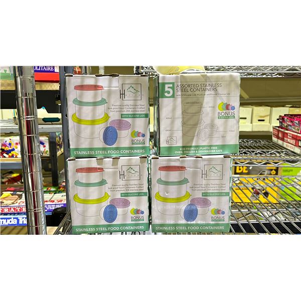 4- BOX OF 5 ASSORTED STAINLESS STEEL CONTAINERS WITH SILICONE LIDS