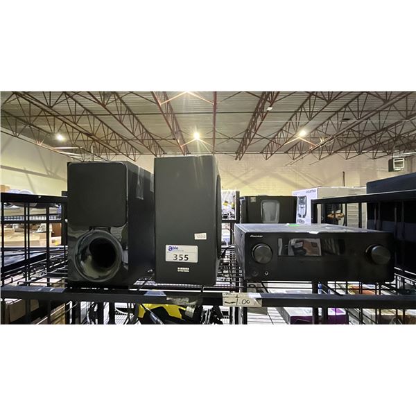 SHELF LOT OF SAMSUNG AND SONY SUBWOOFERS AND PIONEER AV RECEIVER *UNKNOWN WORKING CONDITION/ MAY BE