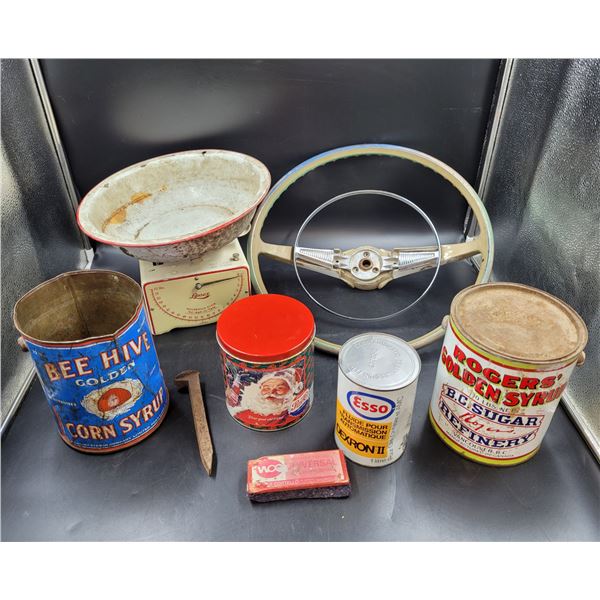 Vintage Advertising Tins, Steering Wheel, and Scale