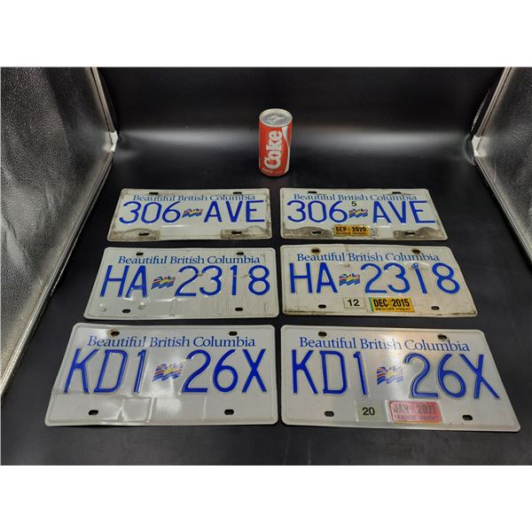 3 Pairs of British Columbia License Plates