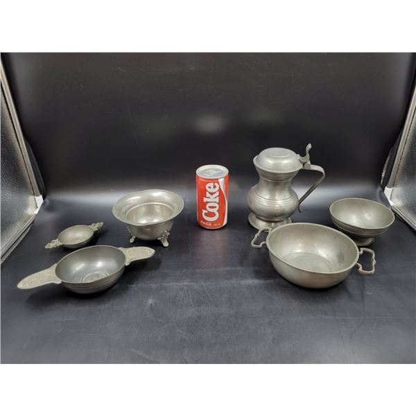 Vintage Stamped Pewter Bowls and Pitcher