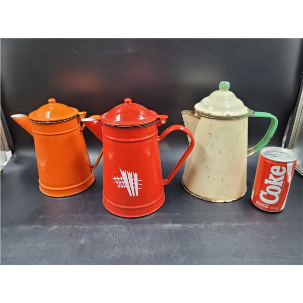 3 Vintage Enamel Coffee Pots