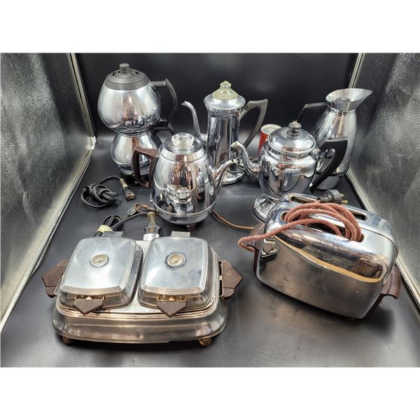 Vintage Metal Coffee Pots, Waffle Maker, and Toaster