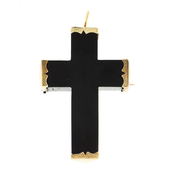 Antique Victorian Large Black Jet Cross w/ 10k Gold End Caps Pin Brooch Pendant