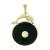 Vintage 14k Gold Diving Dolphin Bezel Black Jade Pierced Chinese Symbol Pendant