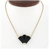 14k Yellow Gold Fan Shape Carved Black Onyx Diamond Pearl Pendant On Cable Chain