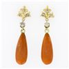 Antique 18K Gold 0.25 ctw European Diamond Orange Coral Tear Drop Dangle Earring