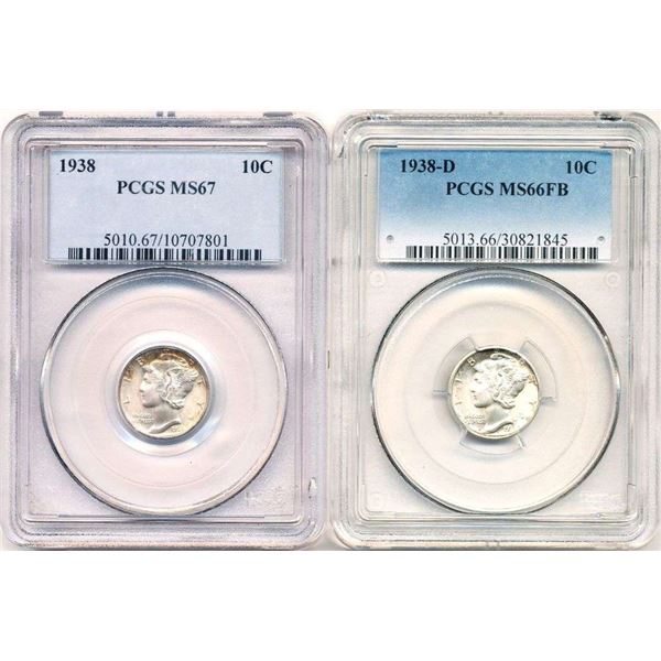 1938-1938-D Mercury Silver Dimes MS67 / MS66FB (2-coins)