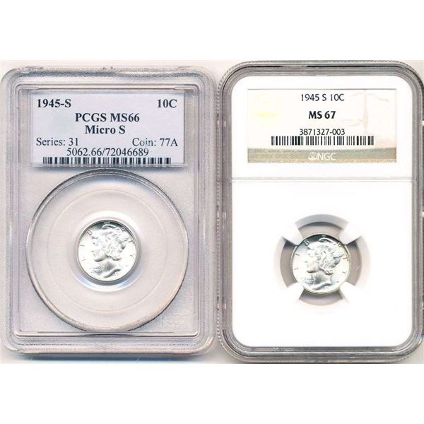 1945-S Mercury Silver Dimes PCGS MS66 Micro "S" / NGC MS67 (2-coins)
