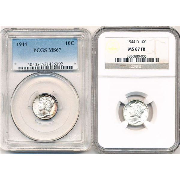1944-1944-D Mercury Silver Dimes PCGS MS67 / NGC MS67FB (2-coins)