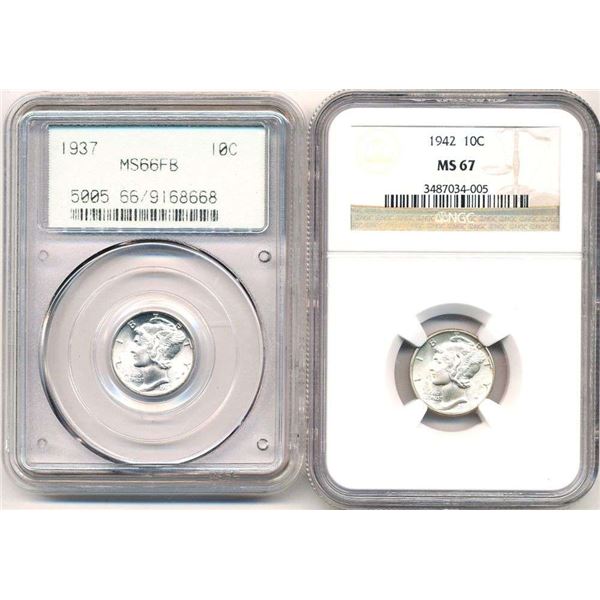 1937-1942 Mercury Silver Dimes PCGS MS66FB OGH / NGC MS67 (2-coins)
