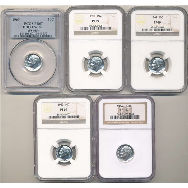 1960-1964 Roosevelt Silver Dime PCGS / NGC PF66-PF69 (5-coins)
