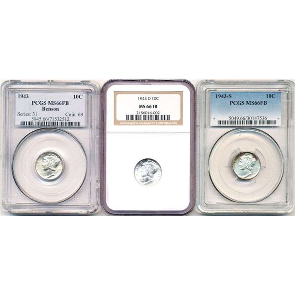 1943-1943-S Mercury Silver Dimes PCGS/NGC MS66 FB (3-coins)